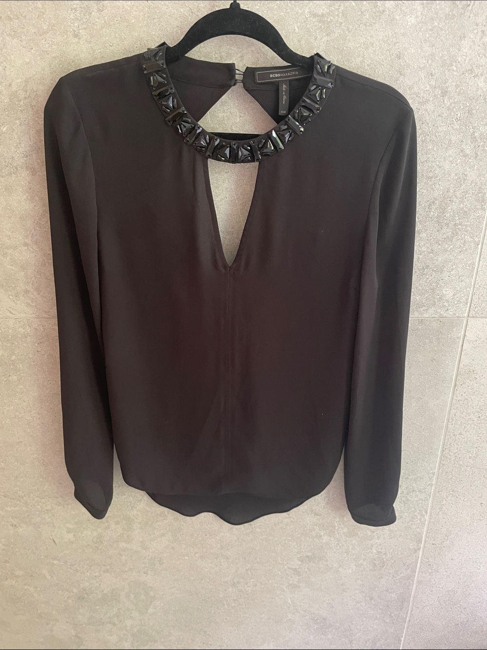 BCBGMaxAzria Black Long-Sleeve Top with Jeweled Collar